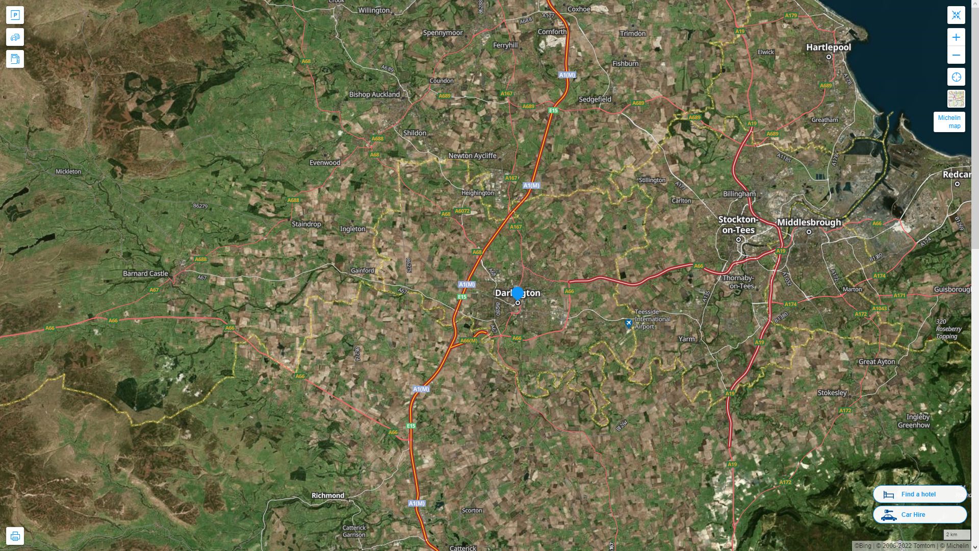 Darlington Royaume Uni Autoroute et carte routiere avec vue satellite
